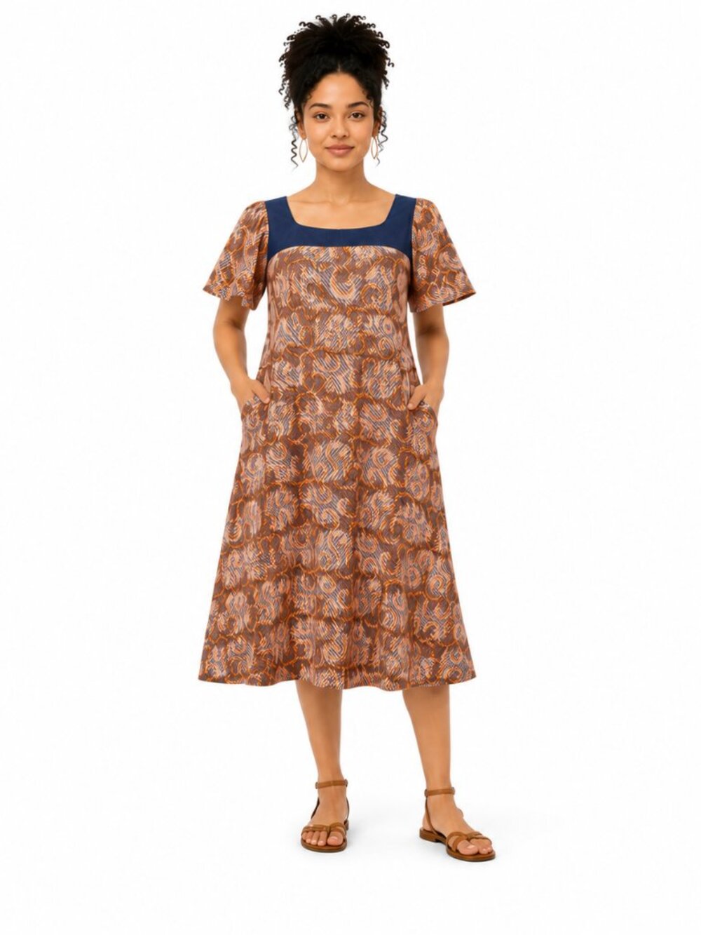 Women’s African Print Midi Dress One Size Square Neck Flutter Sleeve A-Line Boho
